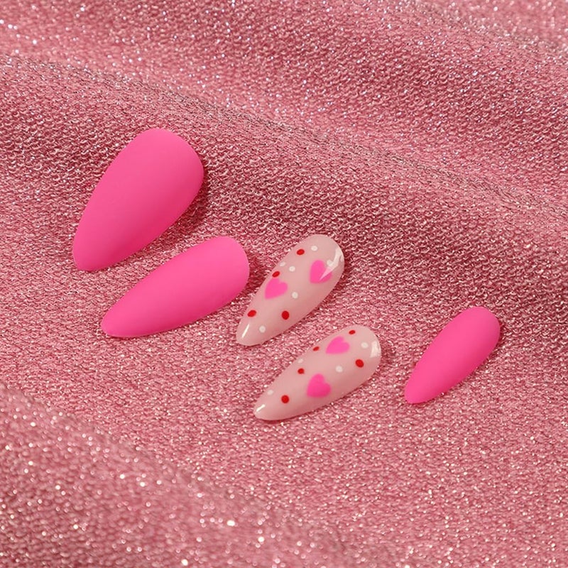 CTTHNBD Press on Nails Almond - Medium Fake Nails with Heart Design - Pink, Matte Full Cove Stick on False Nails for Women 24 Pcs - Image 2